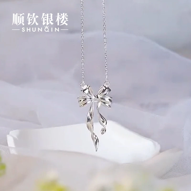 顺钦银楼 坠链均925银 樱蝶项链百搭时尚少女灵动精致气质送女友