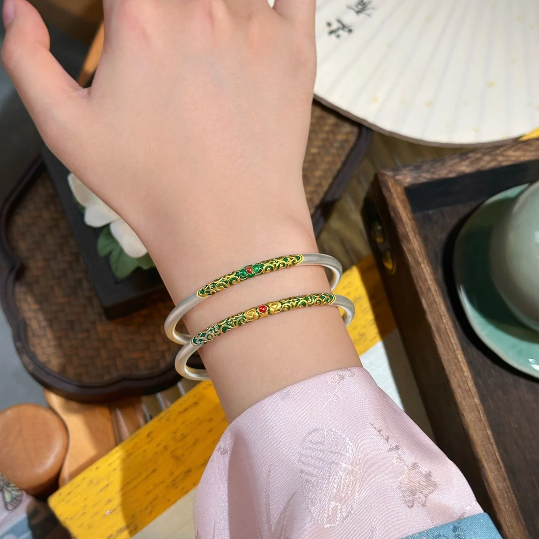 顺钦银楼 足银珐琅手镯 【翠明锦手镯（绿）】足银999.9卷草纹描金镯