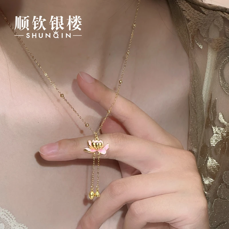 顺钦银楼 坠链均925银 【漾影项链】S925银莲花气质两世欢银项链