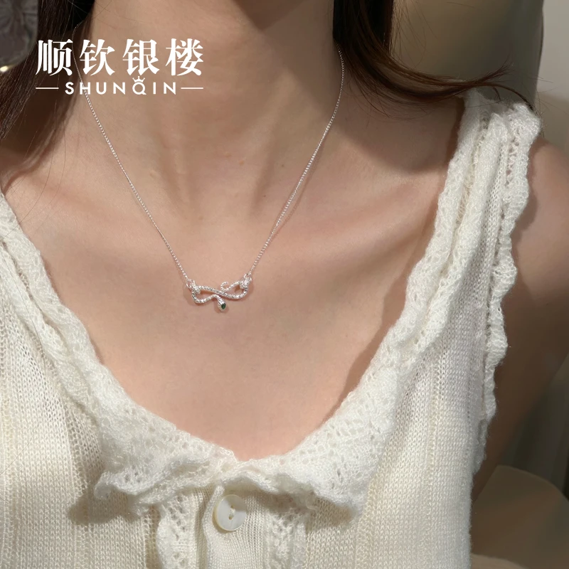顺钦银楼 坠链均足银合成锆石 【青肆项链】足银999灵蛇银项链精致