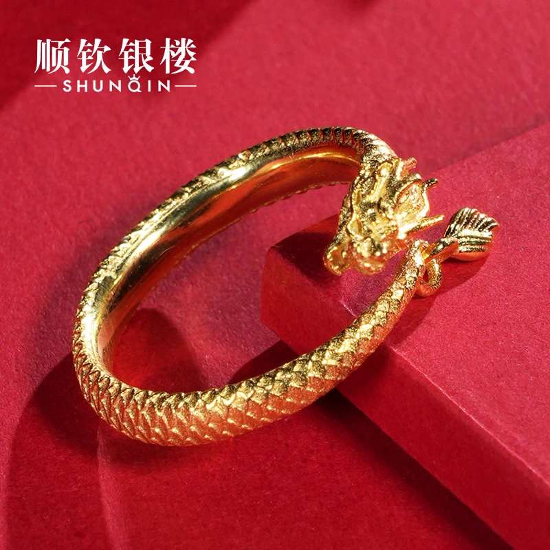 顺钦银楼 足银戒指 颜龙戒指足银999电金百搭可调节重工女款戒指