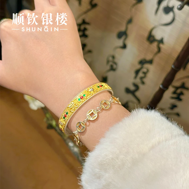 顺钦银楼 足银珐琅手镯 【福漫手镯】足银999.9吉祥八宝描金珐琅镯
