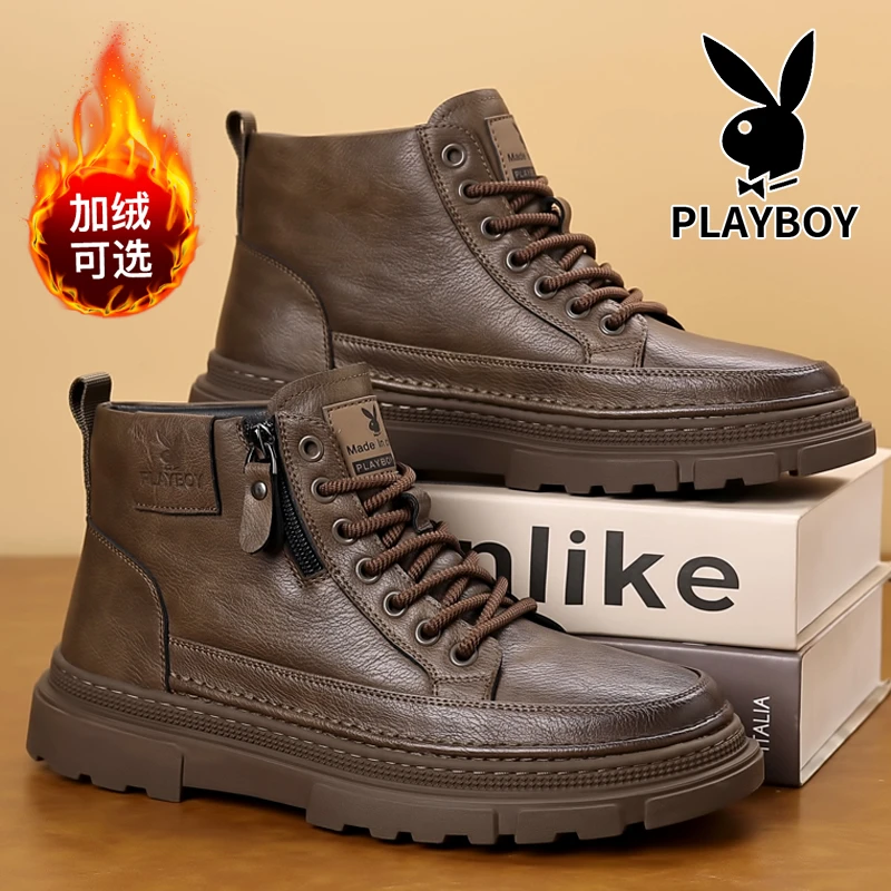 花花公子马丁靴男鞋2025新款冬季加绒保暖棉鞋休闲工装中帮男靴子