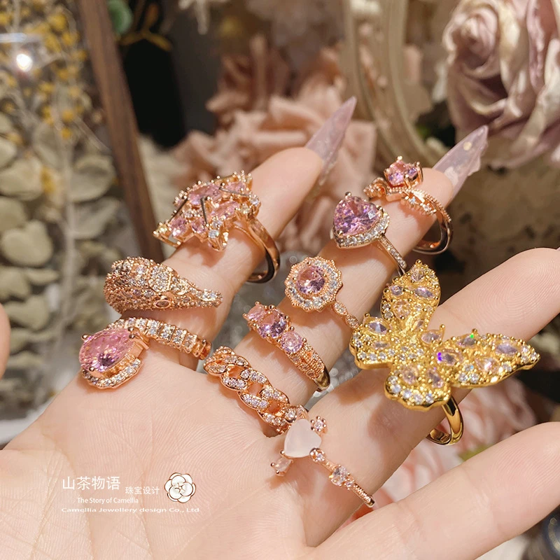 铜合金合成锆石戒指 山茶欧美法式轻奢流星戒指 百搭名媛璀璨指环