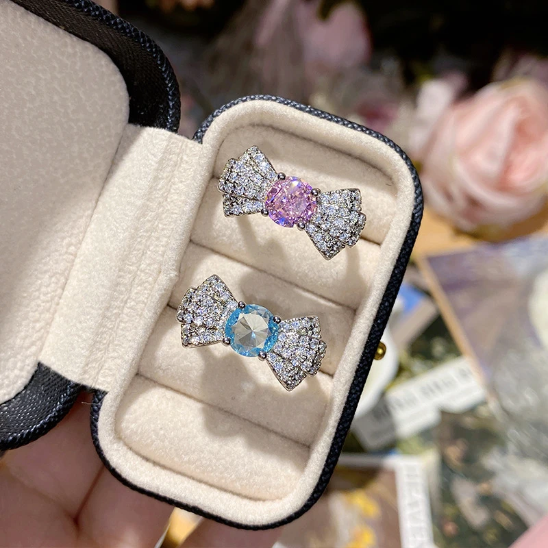 铜合金合成锆石戒指 山茶甜美少女心可爱蝴蝶结领结戒指精致小巧