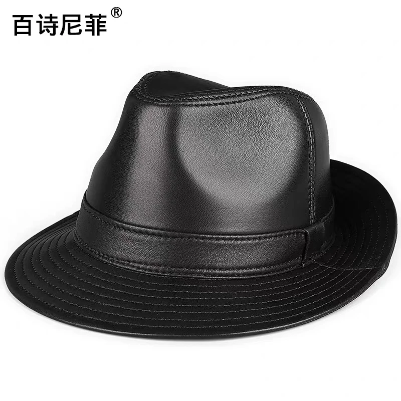 秋冬真皮帽子男大檐爵士帽绅士礼帽羊皮帽子中老年人休闲皮帽子