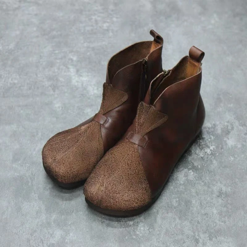 3068-2牛皮休闲圆头侧拉链平底软底女短靴