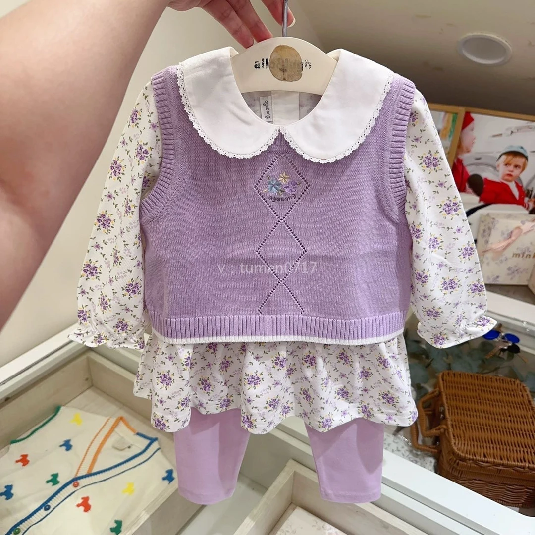 宝贝款：碎花长袖裙衫+针织马甲+打底裤套装