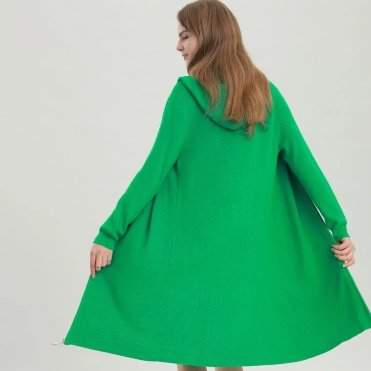（直播优惠）JunXinYi/君鑫依纯色连帽拉链连衣裙宽松秋冬针织开衫