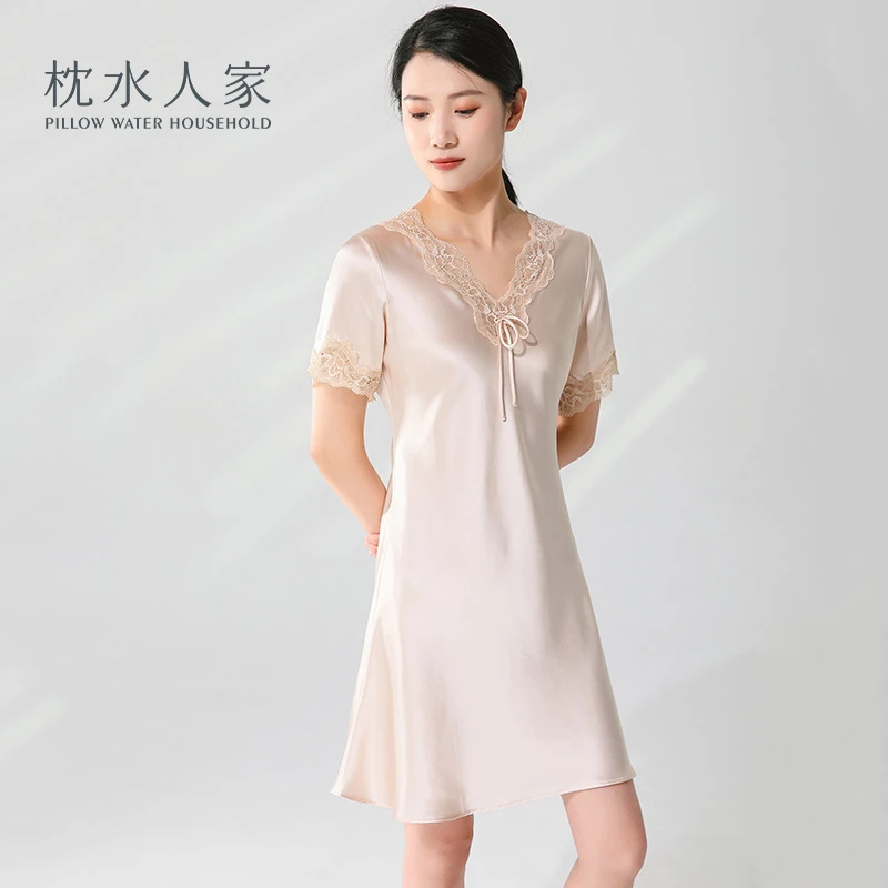 真丝睡衣性感真丝睡裙修身桑蚕丝蕾丝领裙摆新娘结婚睡衣家居服女