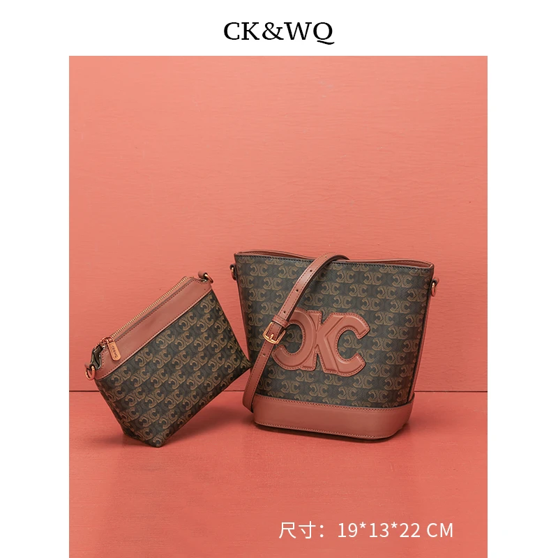 复古大容量印花单肩斜跨水桶包WQ-1733G咖色