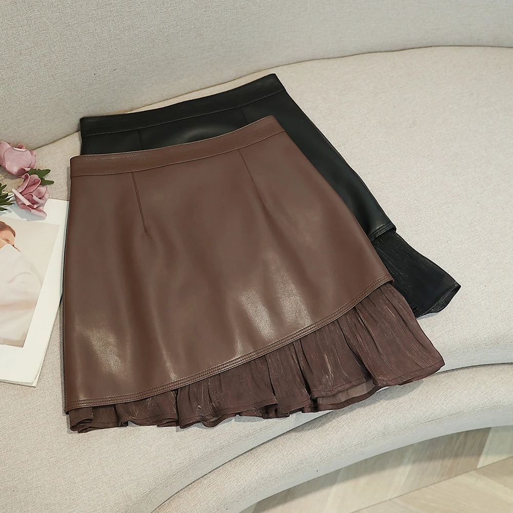 咖啡色高腰显瘦PU皮裙半身裙女款爆款2024新款拼接网纱A字短裙秋