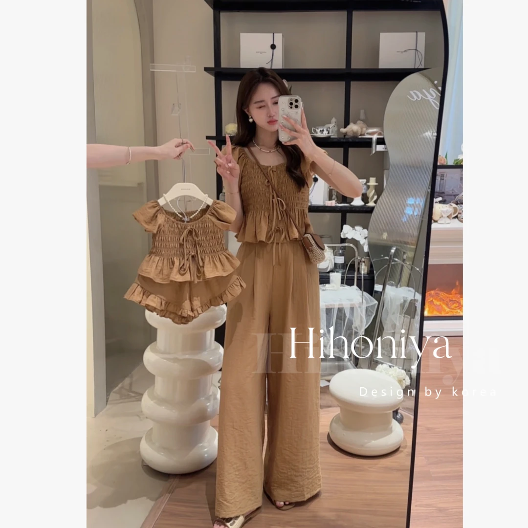 现【摩卡】五Hihoniya~2024夏季韩版女童亲子咖色显瘦系带套装