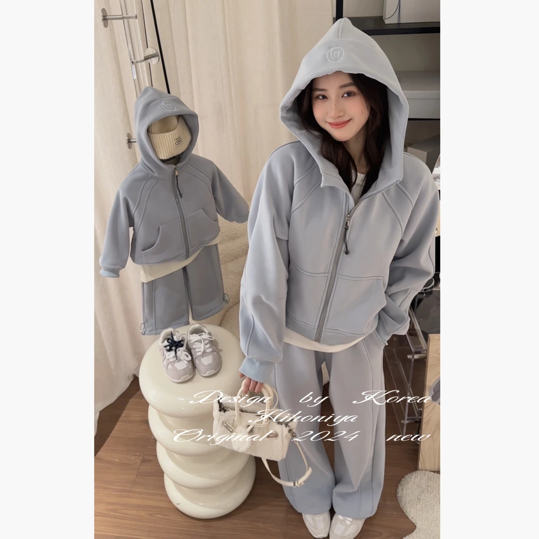 【lulu套装】五Hihoniya~2024冬季新款纯色慵懒亲子连帽韩版套装