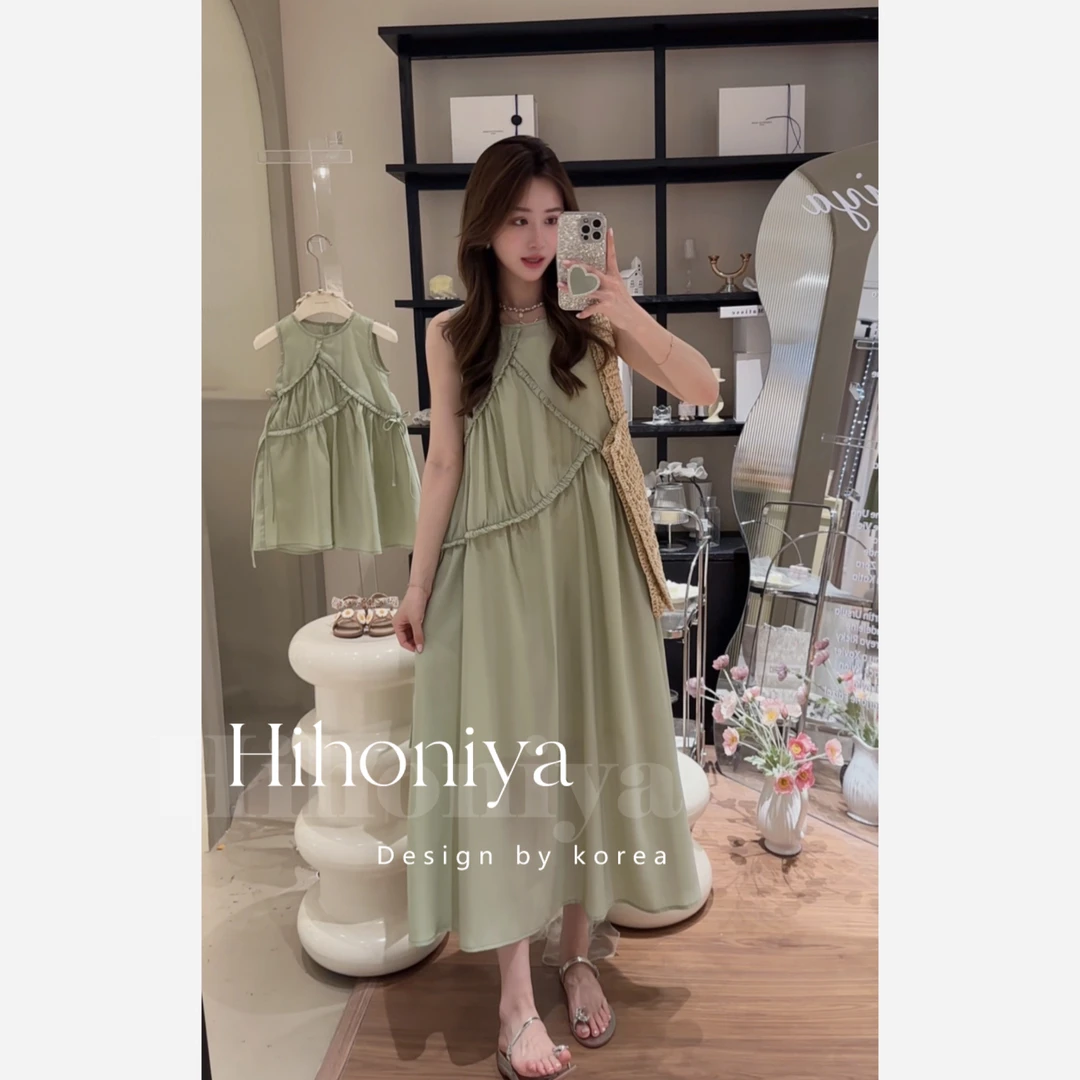 现【绿芜】五Hihoniya~2024夏季气质亲子绿色无袖显瘦韩版连衣裙