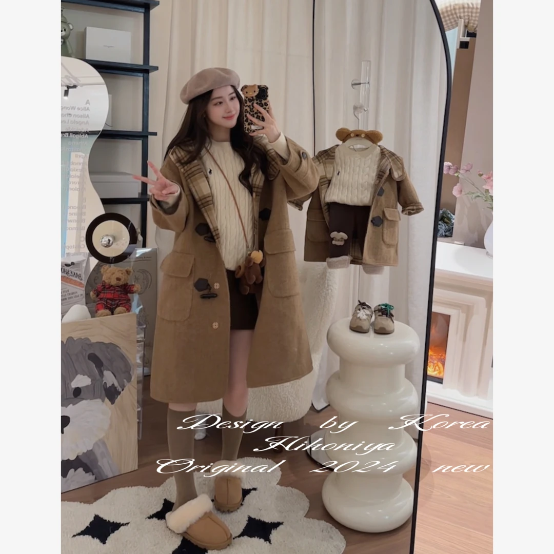 【榛果拿铁】五Hihoniya~2024冬季亲子复古格纹长款韩版毛呢外套