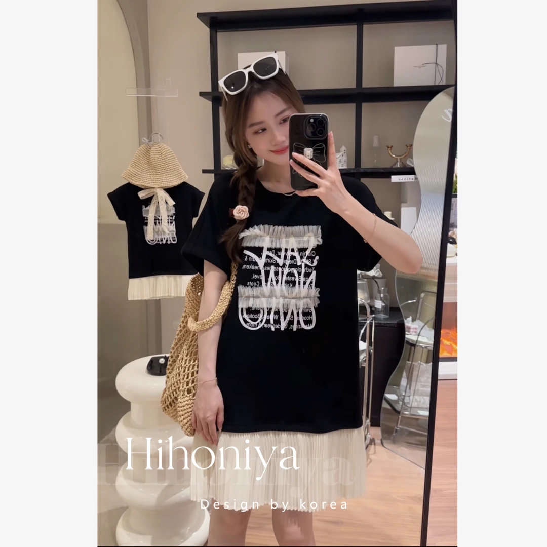 现【酒心黑巧】五Hihoniya~2024夏季黑色字母拼接亲子连衣裙韩版