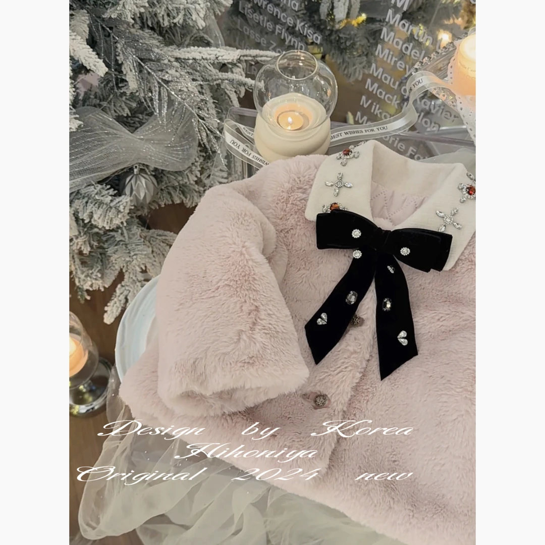 【樱花慕斯卷】五Hihoniya~2024冬季宝宝粉色毛毛羊毛宽松韩版外套