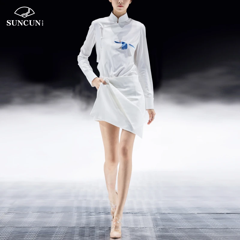 三寸盛京留白系列中国风白色飞燕刺绣时尚拼接不对称设计休闲衬衫