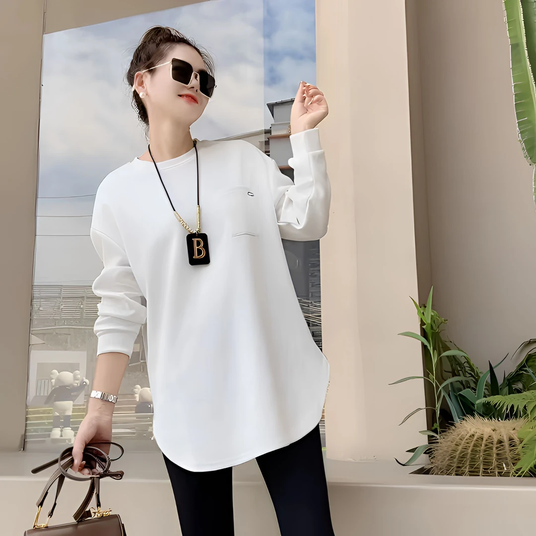 百搭显瘦开叉长袖打底衫女内搭休闲宽松t恤女大码长款打底衫