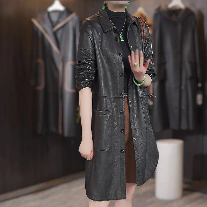 A-511高端真皮绵羊皮皮衣女士中长款韩版皮衣外套翻领大码春秋款
