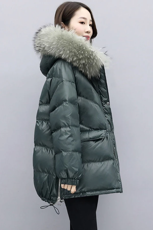 雪中飞亮面羽绒棉服2023年冬季新款宽松大码大毛领面包服加厚棉袄