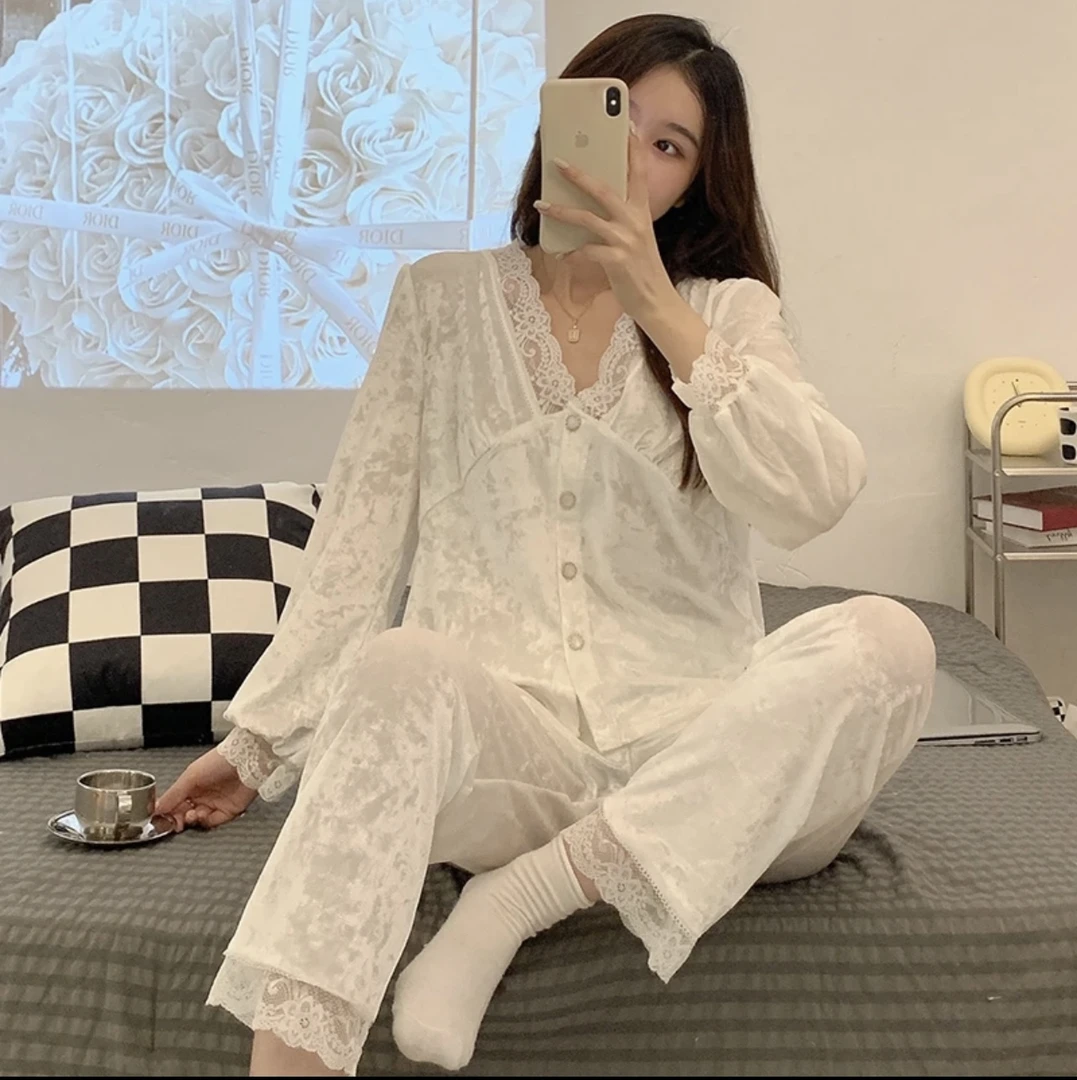 【韩版舒适】两件套雪花绒秋冬季睡衣女长袖长裤法式蕾丝家居服大码