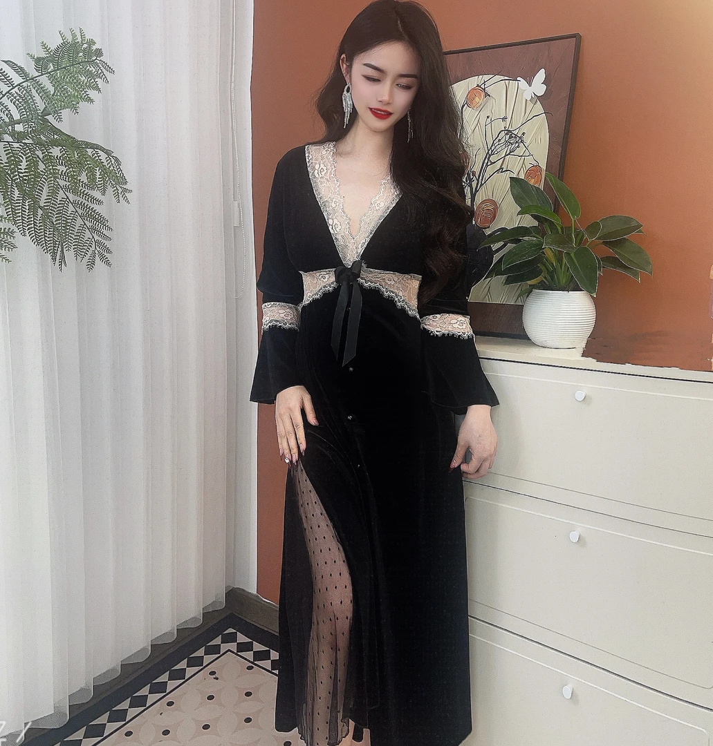 安娜公主丝绒秋冬性感深V蕾丝高级感长袖睡裙法式纯欲睡裙