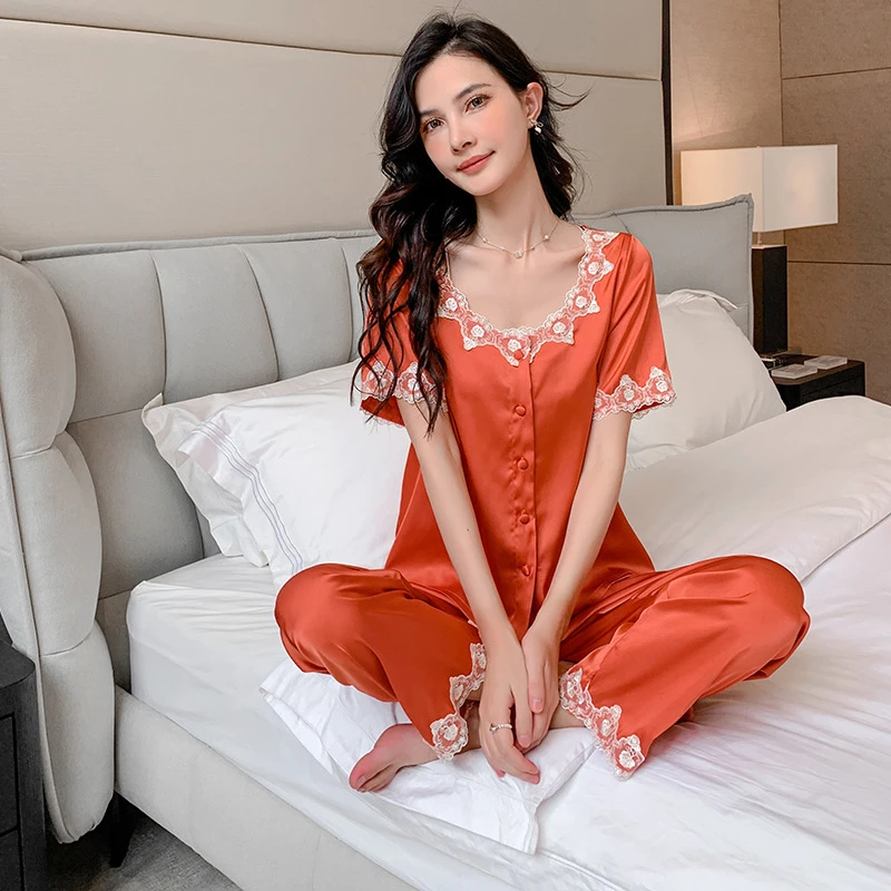 2025新款夏季薄款女短袖长裤套装冰丝睡衣蕾丝花边时尚休闲家居服