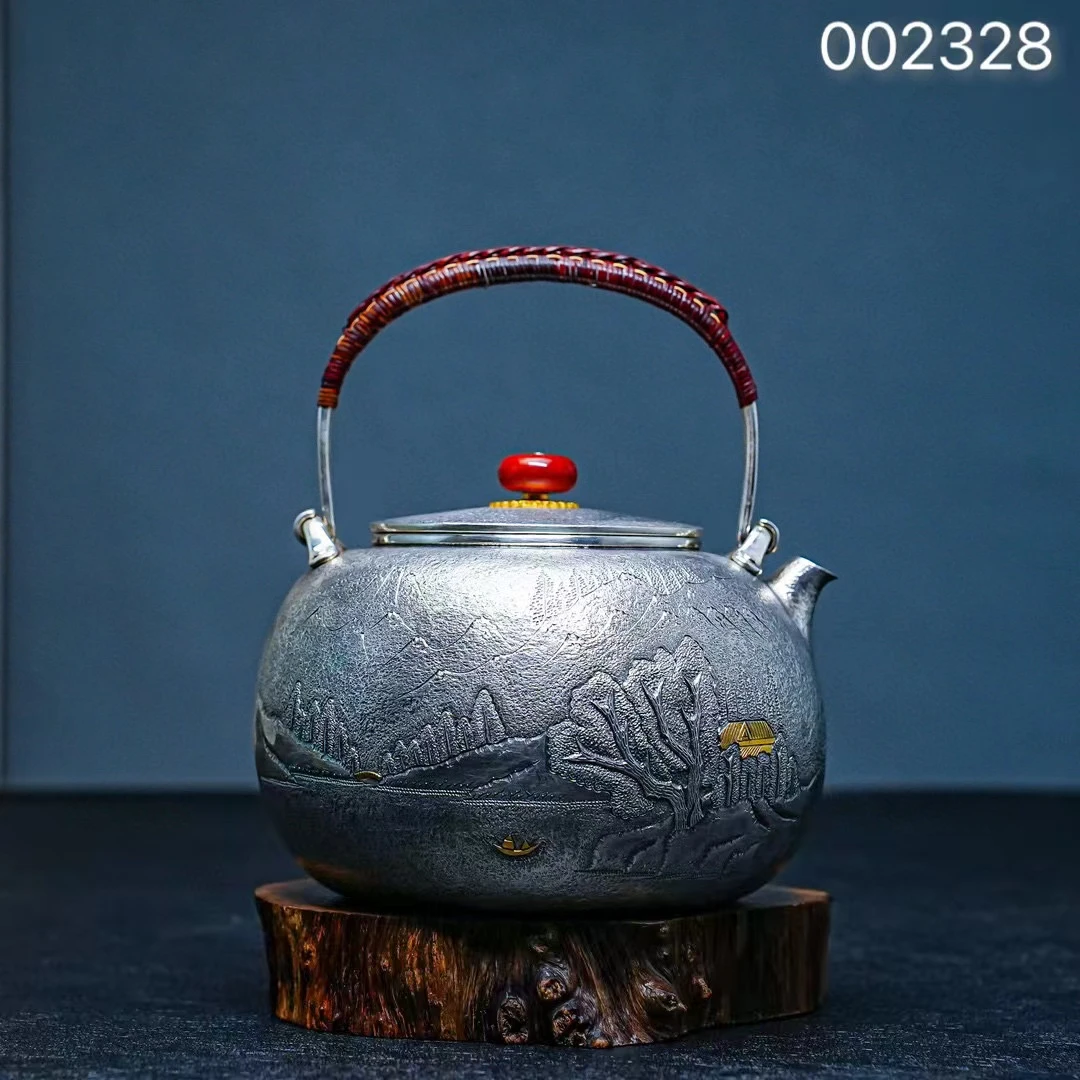 森田手作（锦钥堂）手工錾刻山水烧水壶  家用大容量纯手工