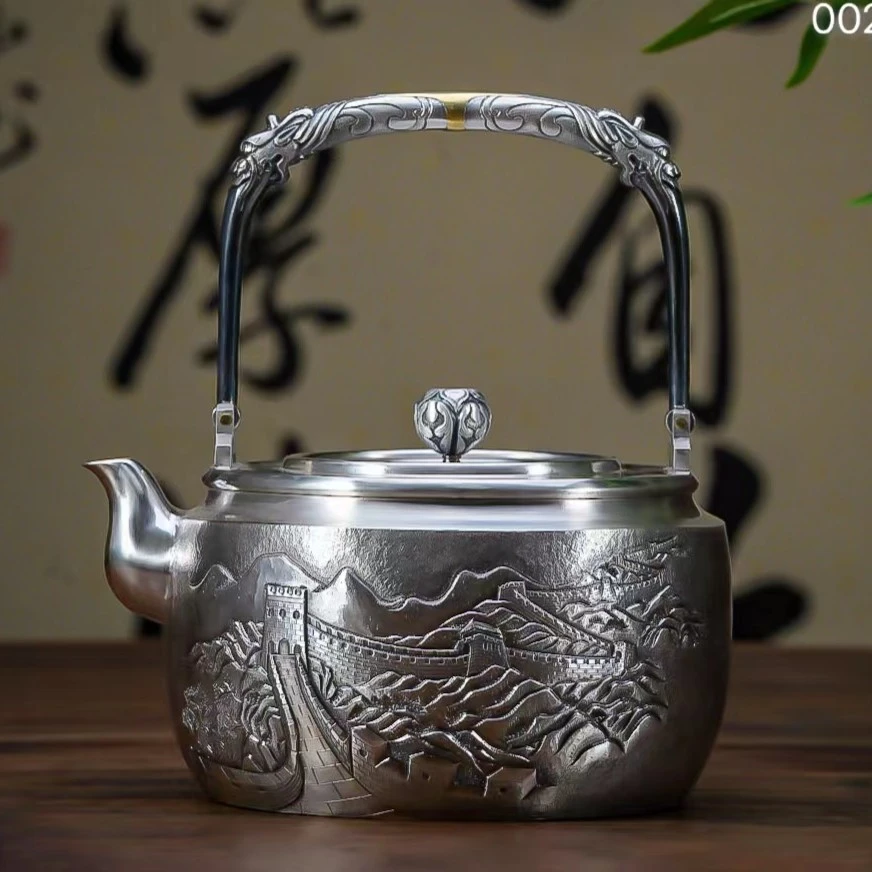 【森田手作】【段六一】大师制万里长城烧水壶家用银壶足银999银茶具
