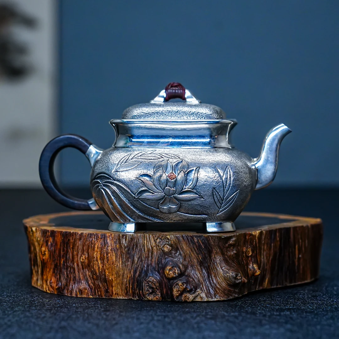【森田手作】纯手工四方荷花泡茶壶家用银壶足银999银茶具