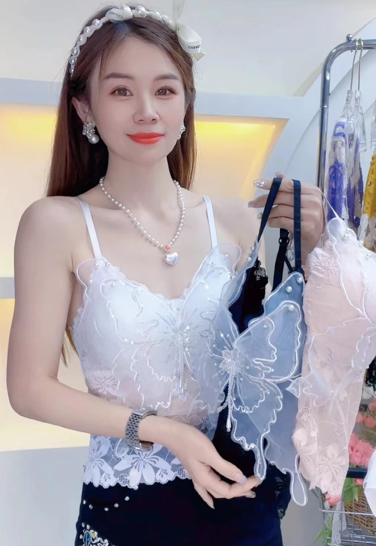 7100# 中式蝴蝶蕾丝时尚百搭吊带美背女背心打底性感