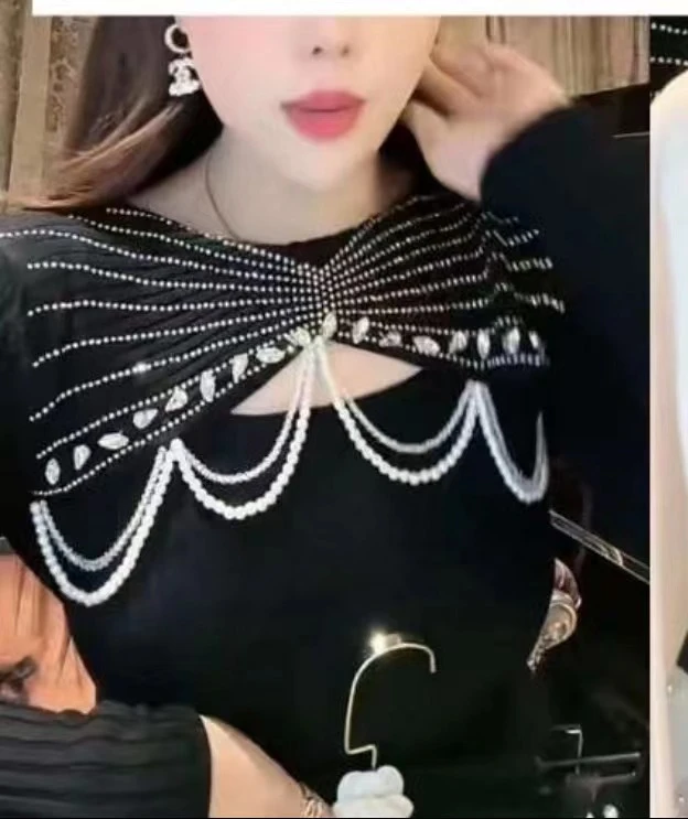 2018#钉珠设计珍珠链条针织毛衣