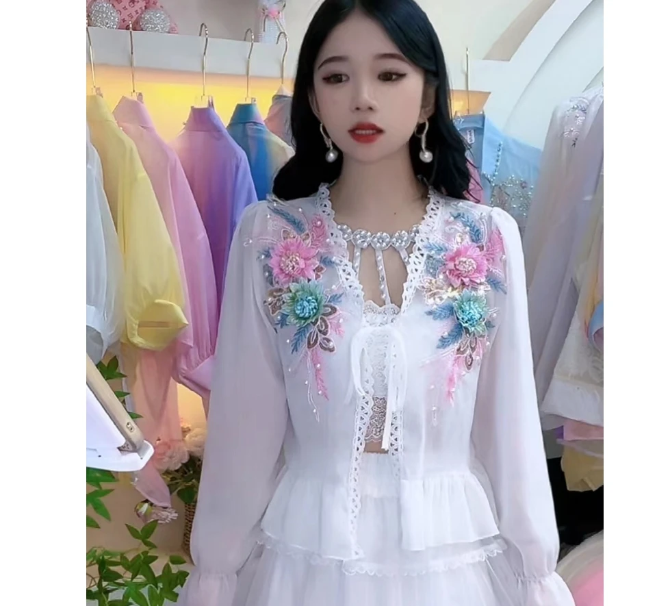 852# 双色花气质休闲小衫
