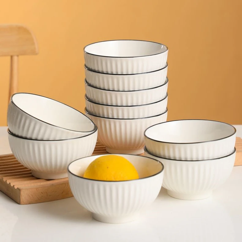 黑线竖纹家用山田日式4.5英寸碗吃饭碗米饭碗汤碗餐具陶瓷10个装