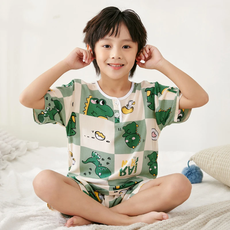 夏季棉绸小孩套装宝宝男女孩宽松绵绸薄儿童睡衣夏季薄款