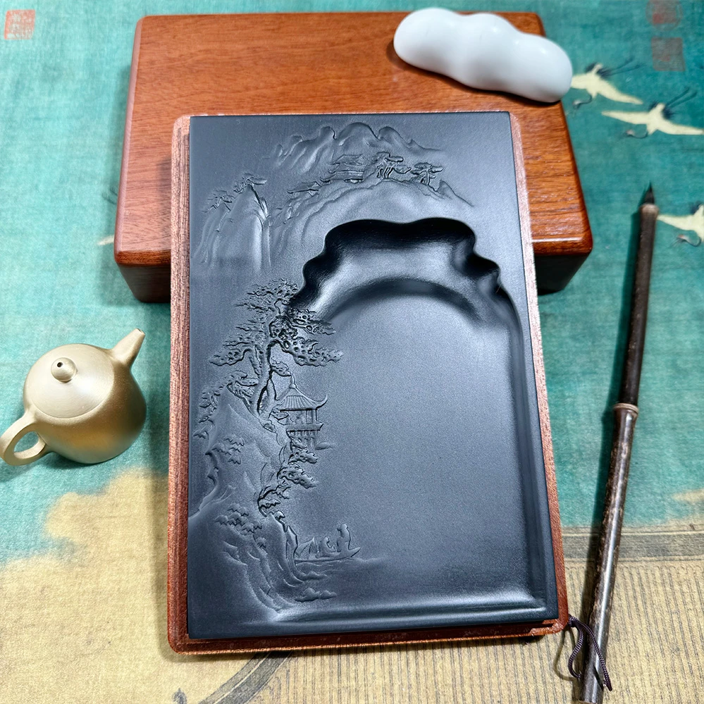 【送铜壶砚滴】天 然原石歙砚7寸水墨徽州带盒尺寸18×11.8×2.6cm