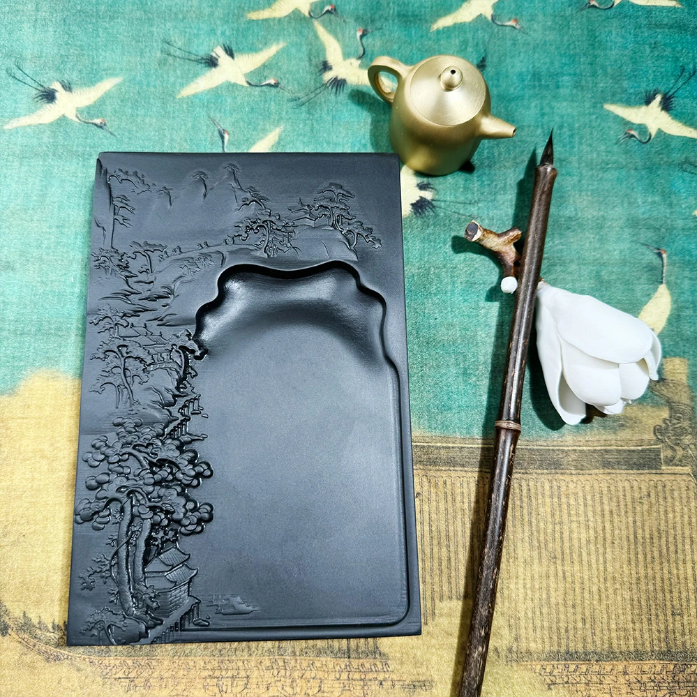 【送铜壶砚滴】天然原石歙砚深山雅聚带盒尺寸18×11.8×2.6厘米