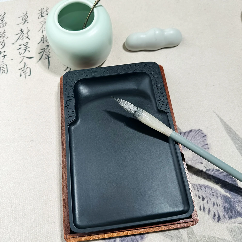 【送铜壶砚滴】天然原石歙砚龙纹7寸门字砚尺寸18×11.8×2.6厘米