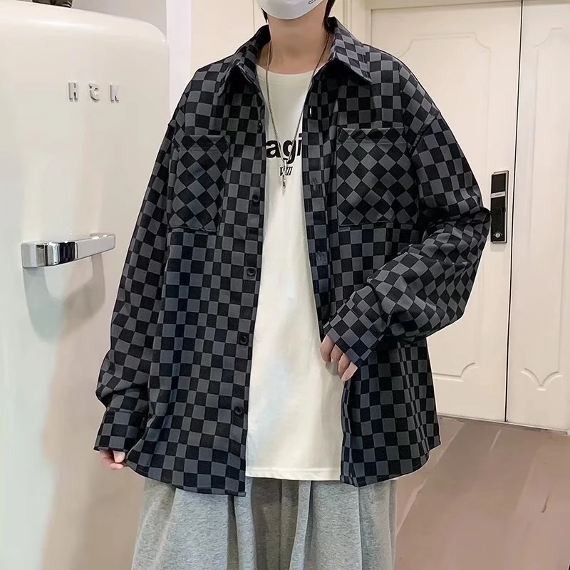 春季棋盘格长袖衬衫男韩版潮流网红痞帅衬衣ins港风百搭休闲外套