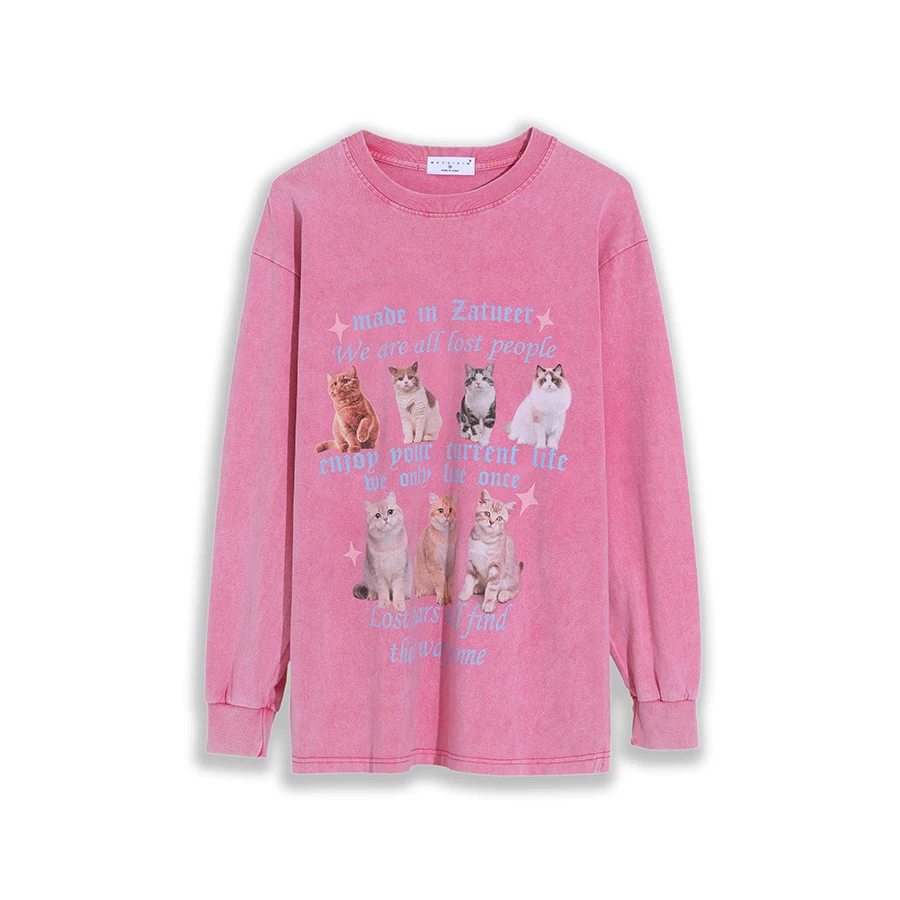 【金美希定制】MD0119美式复古做旧趣味猫咪印花上衣潮牌宽松卫衣