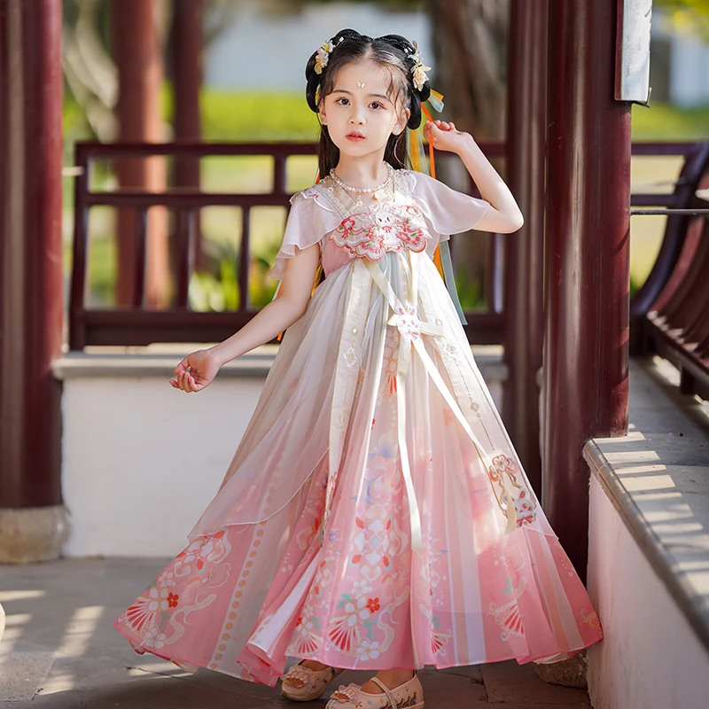 汉服女童夏季儿童古风短袖裙子齐胸唐装超仙中国风新款古装连衣裙