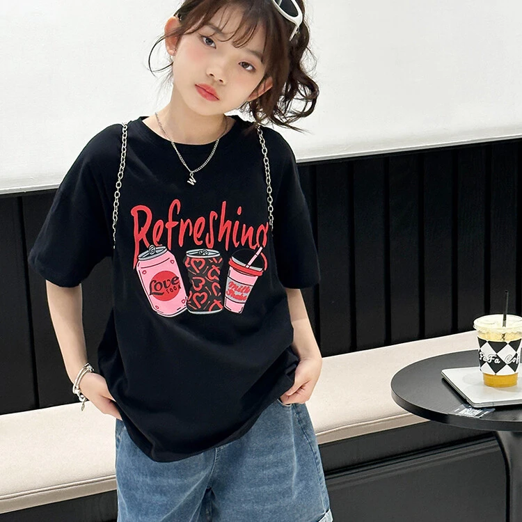 短袖女童休闲宽松T恤2024新款纯棉儿童洋气夏装韩版印花上衣ins