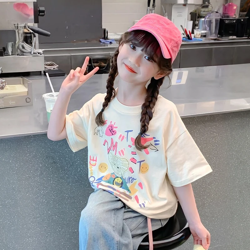 女童纯棉短袖T恤夏装2024新款洋气儿童夏季女孩夏款宝宝宽松上衣t