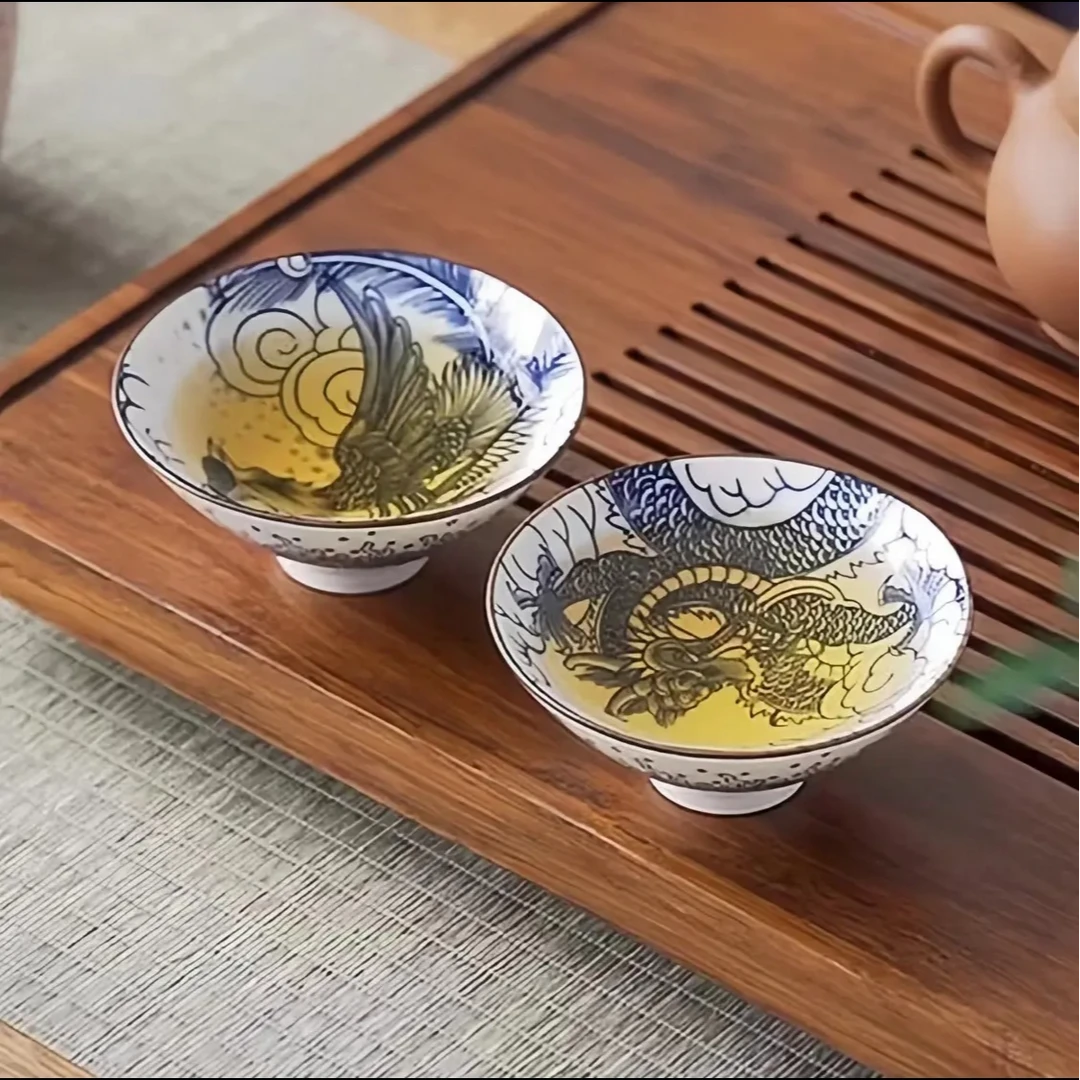 龙凤斗笠对杯复古青花瓷茶杯品茗杯斗笠杯功夫主人杯手绘杯