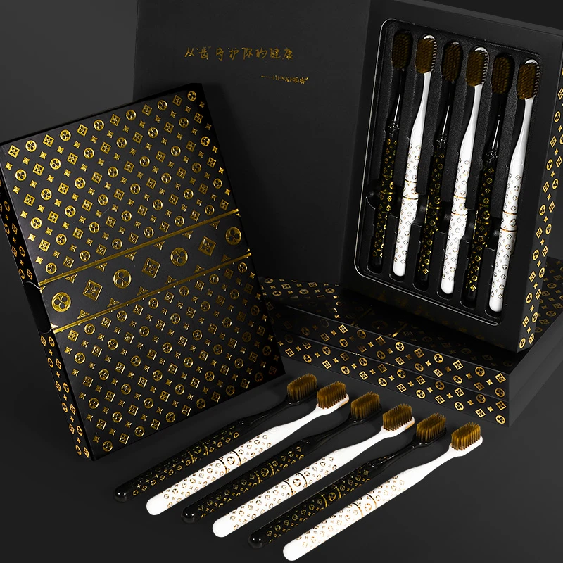 【6支礼盒装】爆品轻奢牙刷家用超细中软毛成人宽头高颜值烫金手柄