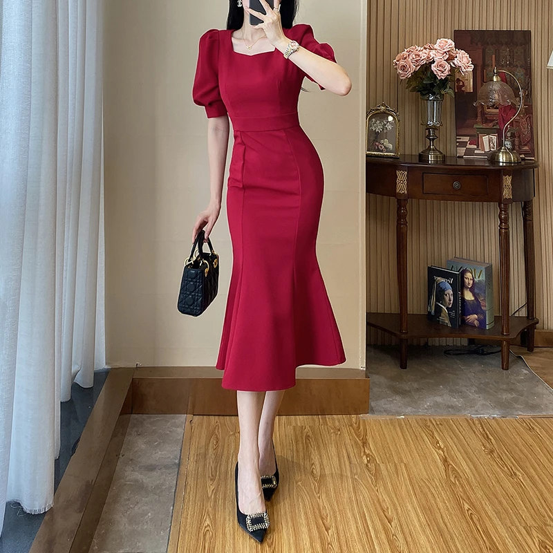 高贵上档次女装红色礼服裙长款气质裙子显瘦轻奢连衣裙夏季时尚