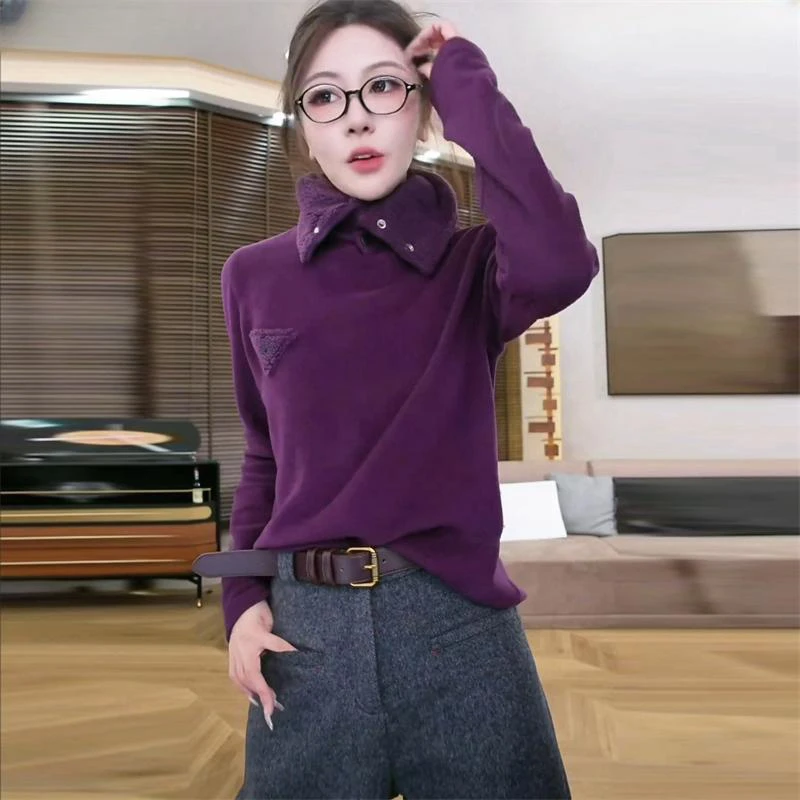今年秋季流行潮流翻领设计感卫衣女款韩系复古修身显瘦内搭打底衫