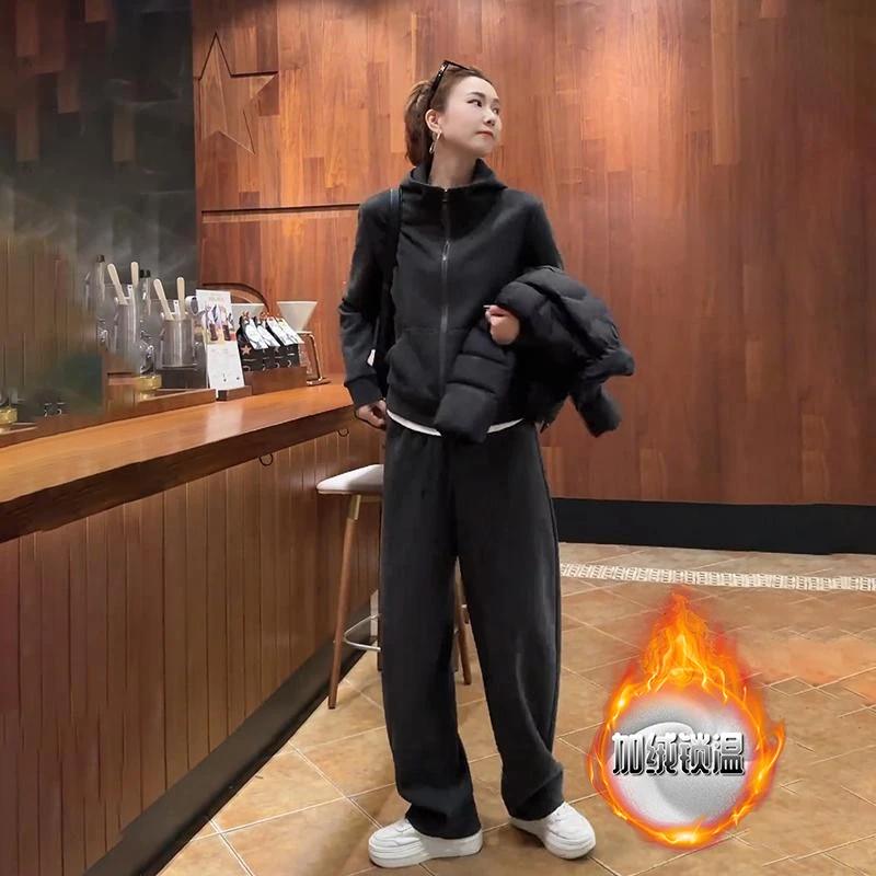 休闲运动套装2024冬季新款时尚休闲通勤加绒加厚连帽卫衣高腰长裤